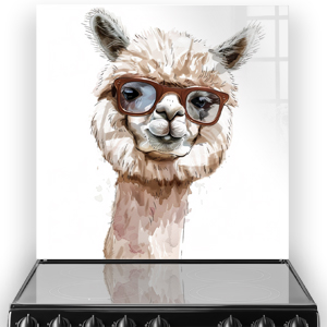 Breeze the Alpaca wearing sunglasses on printed kitchen splashback art in soft cream and beige tones thumbnail