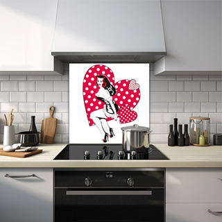 Retro woman in front of a love heart glass splashback.