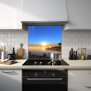 Sunset reflecting on a lake with a blue sky glass splashback. thumbnail