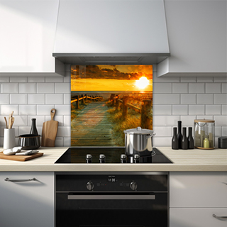 Sunset at the beach with a wooden path glass splashback. thumbnail