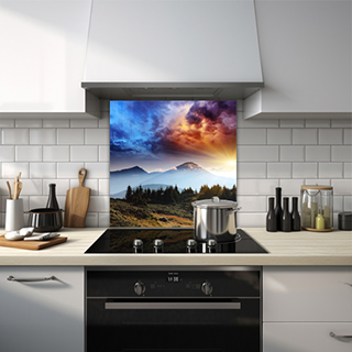 Sunset with mountains over clouds glass splashback. thumbnail