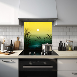 Lake with a bright sun illustration glass splashback. thumbnail