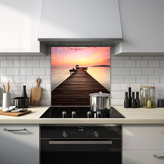 Pier at sunset with distant island glass splashback. thumbnail