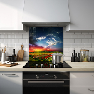 Field of roses with sunset and hills glass splashback. thumbnail