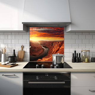 Aerial shot of canyon with river flowing glass splashback. thumbnail