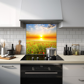 Sunset over a vibrant poppy field glass splashback. thumbnail