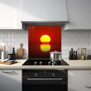 Fierce sunset over shimmering water glass splashback. thumbnail