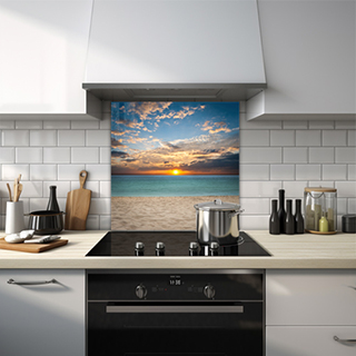 Scorching heat of a fiery sunset glass splashback. thumbnail