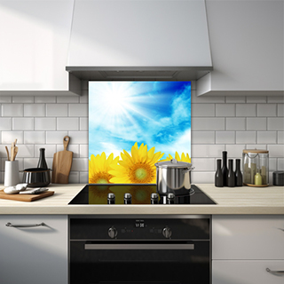 Three sunflowers under the bright sun and blue sky glass splashback. thumbnail
