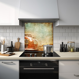 Grunge effect artwork of vintage car on a tropical beach glass splashback.