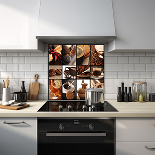 Glass splashback showcasing a series of different coffee images and granules. thumbnail