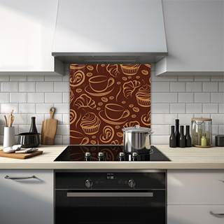 Glass splashback featuring a cafe pattern with mugs, croissants, and cupcakes. thumbnail