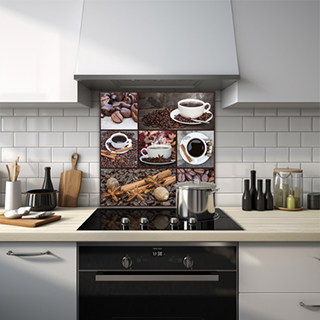 Glass splashback with pictures of coffee mugs surrounded by coffee beans. thumbnail