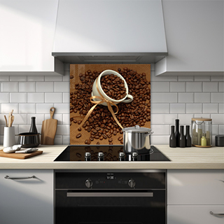 Glass splashback of a coffee mug with ribbon, surrounded by beans. thumbnail