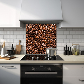 Glass splashback filled with hundreds of coffee beans in different shades. thumbnail