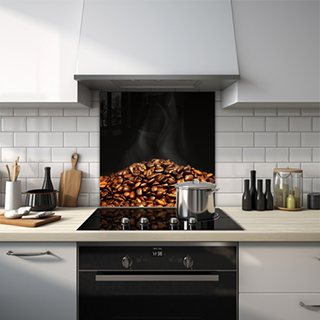 Glass splashback of a steaming pile of coffee beans against a dark grey background. thumbnail