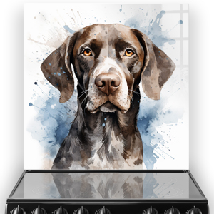 A German Short Haired Pointer printed kitchen splashback featuring shades of brown and blue