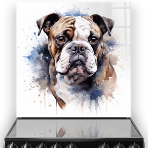 Watercolour painted Bulldog on printed kitchen splashback with blue and tan splatter accents