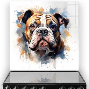 Artistic printed Bulldog kitchen splashback in orange, brown, and blue hues