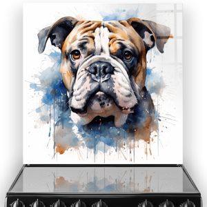 Watercolor printed Bulldog on kitchen splashback with a mix of browns, creams, blues, and oranges