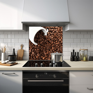 Glass splashback of a mug resting within a pile of coffee beans. thumbnail