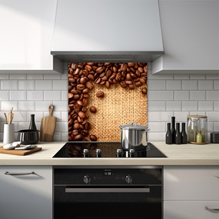 Glass splashback of coffee beans in a burlap sack. thumbnail