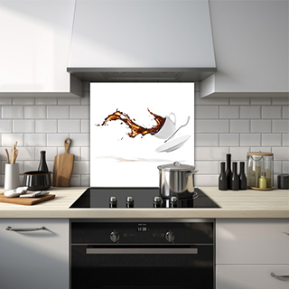 White-themed glass splashback of a coffee mug, spoon, and saucer tumbling and spilling. thumbnail