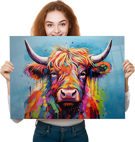 Girl holding one of our highland cow printed splashbacks
